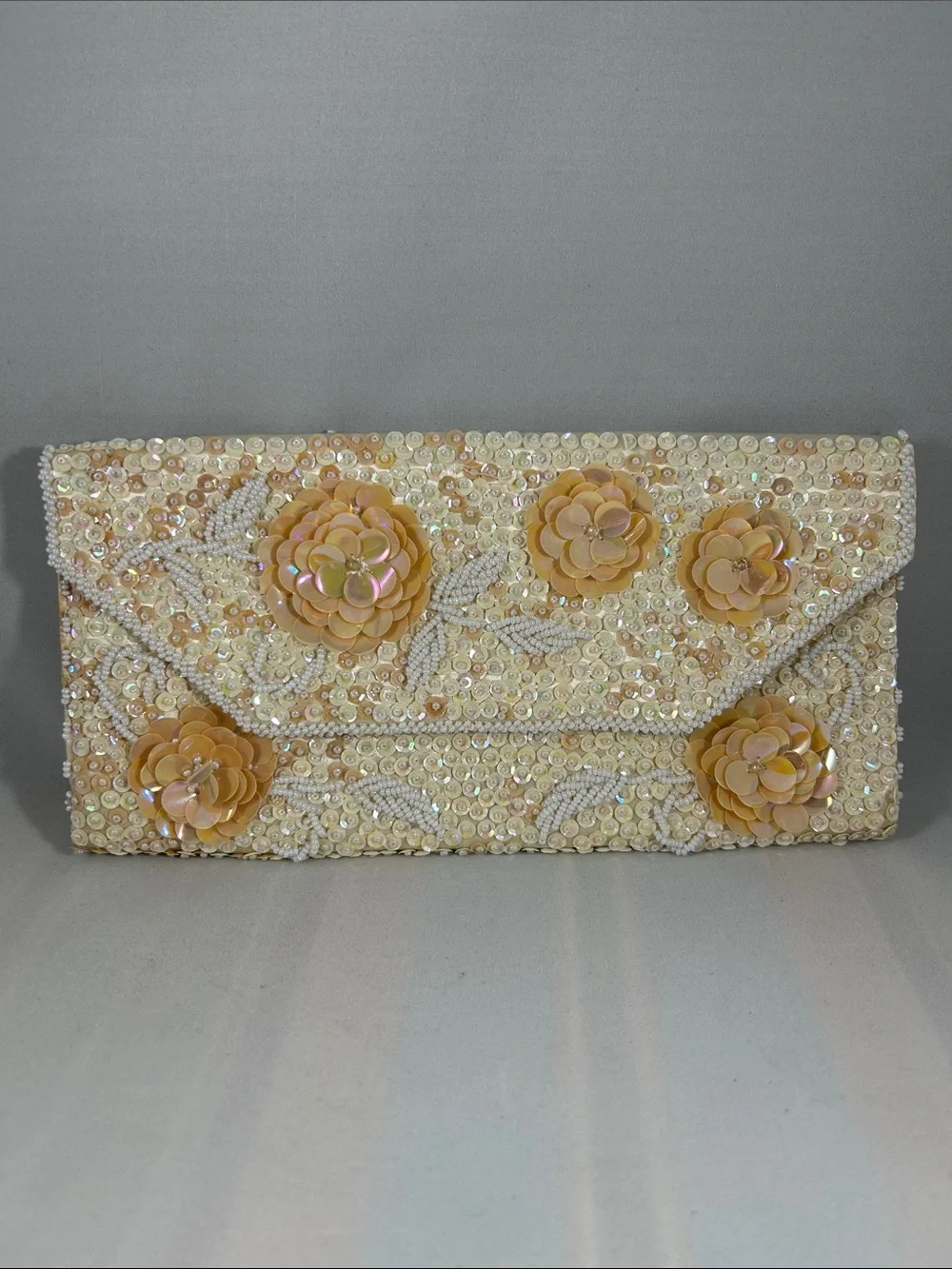 Vintage Embellished Ivory Sequin Floral Clutch - Women Bags